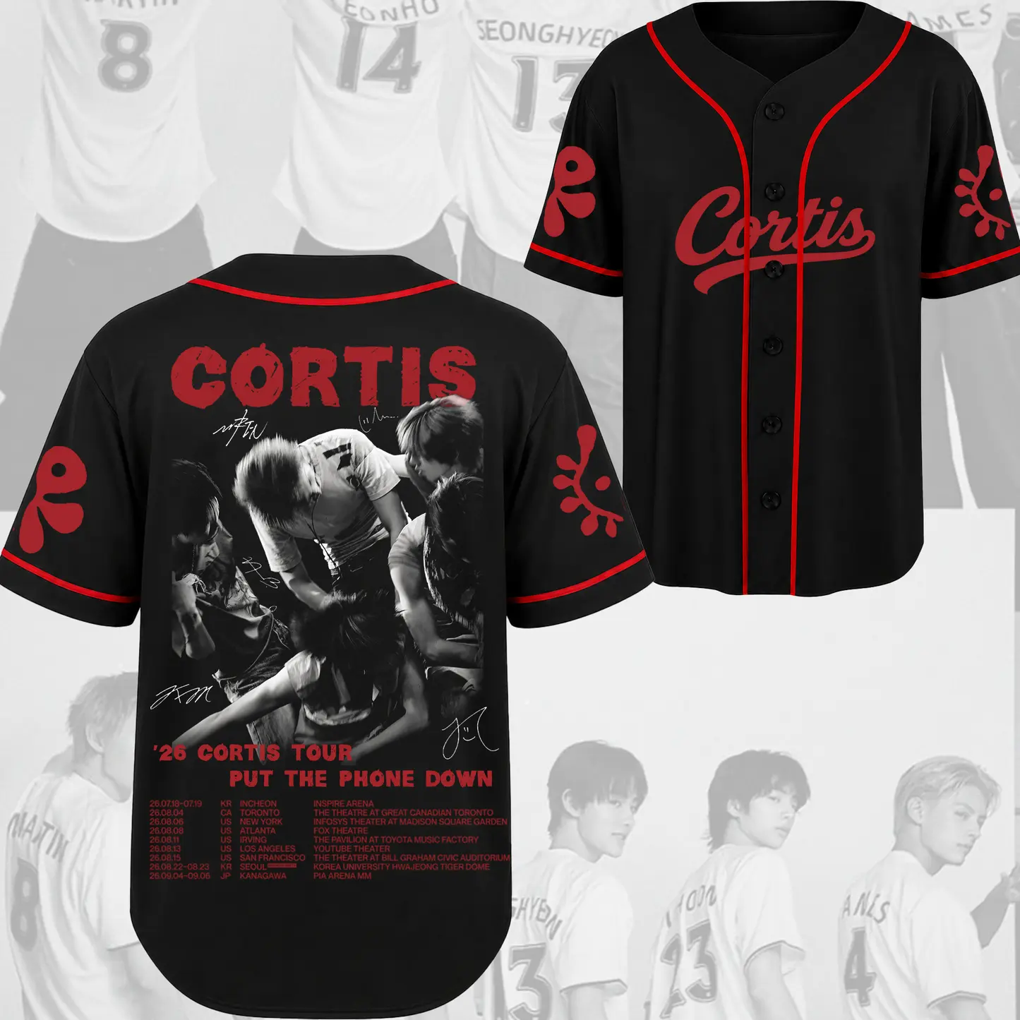 Cortis Put Your Phone Down Tour Baseball Jersey Fan Edition Unisex Casual Street Fashion Jersey, Cortis Tour Jersey Black Red Put Your Phone Down Jersey Collection, Member Photo Baseball Jersey, Gift For Fan