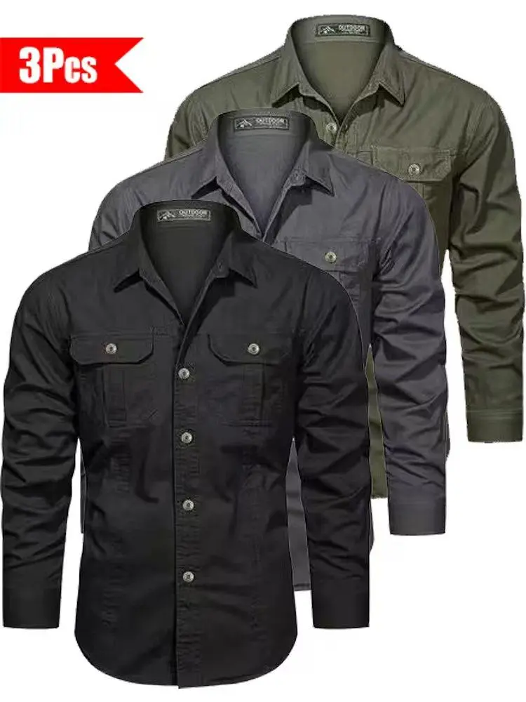 Men’s 3-Pack Collared Neck Loose-Fit Solid Color Casual Workwear Shirt Jacket, Black + Gray + Blue, All Seasons, Pocketed with Buttons, Lapel