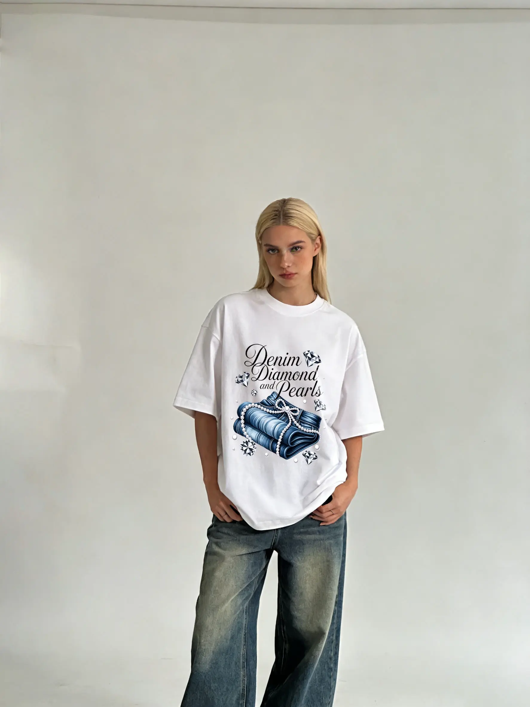 Denim Diamond and Pearls Oversized Graphic Tee | Y2K Aesthetic Streetwear White T-shirt