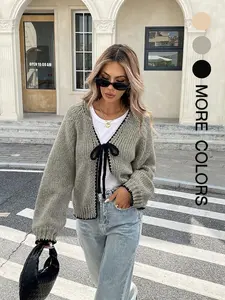 New Contrast Color Knitted Cardigan with Self-Tie Long Sleeves, Stylish Casual Knit Sweater Jacket for Women, Unique Design for Everyday Looks