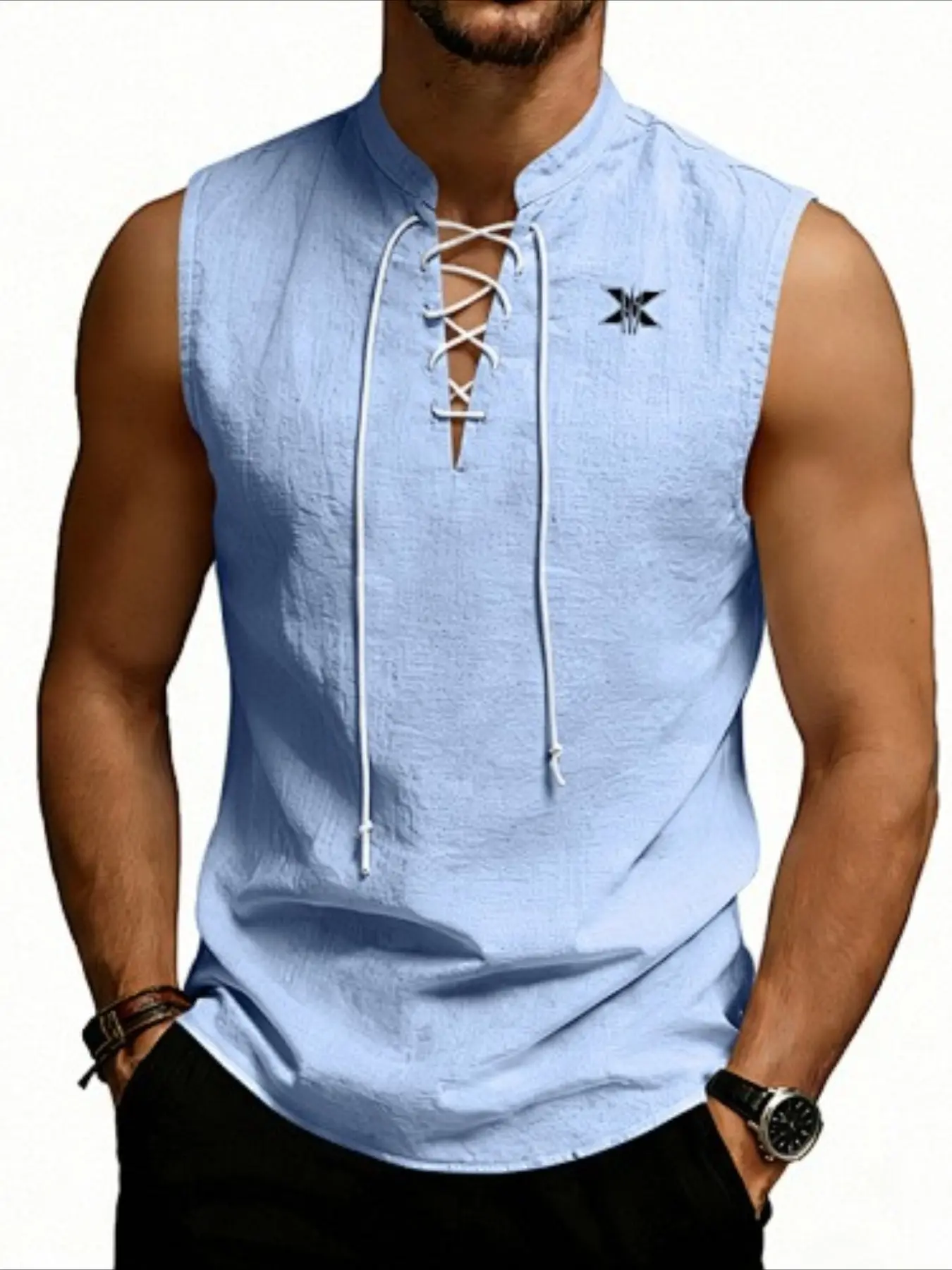 Design of Summer Loose Men's Viking Medieval Drawstring Linen Breathable Sleeveless Athletic Tank Top Activewear Vest Sleeveless Tank Tops