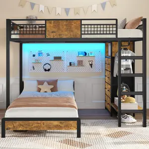 Sikaic Full Over Twin Bunk Bed with 8 Storage Drawers, Metal Bunk Bed with LED Lights & Storage Shelves, Loft Bed with Ladder & 13.4" Safety Guardrail for Kids & Teens summervibes