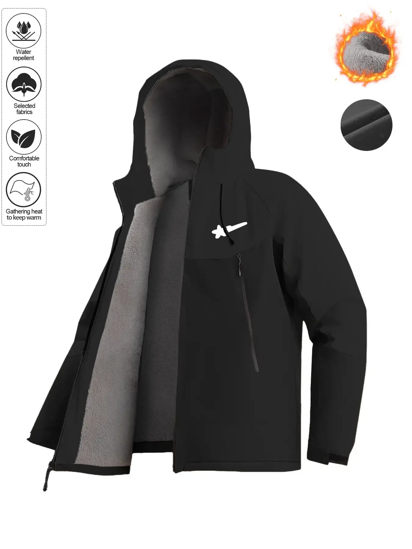 Men's Hooded Windbreaker Jacket, Thickened Ultra-Soft Fleece Lining, Lightweight Waterproof Casual Outerwear for Fall & Winter