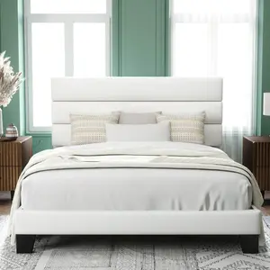 Allewie Twin/Full/Queen/King Size Platform Bed Frame With Velvet Upholstered Headboard And Wooden Slats Support, Fully Upholstered Mattress Foundation, No Box Spring Needed, Easy Assembly, White * Bed Frame Queen Queen Bed Frame Bed Frame Full Full Size B