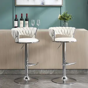 Bar Stools Set of 2, Modern 360° Swivel Barstools with Silver Legs, Velvet Adjustable Counter Height Barstools with Back and Footrest for Kitchen Island, Cafe, Pub (Cream, 2pcs)