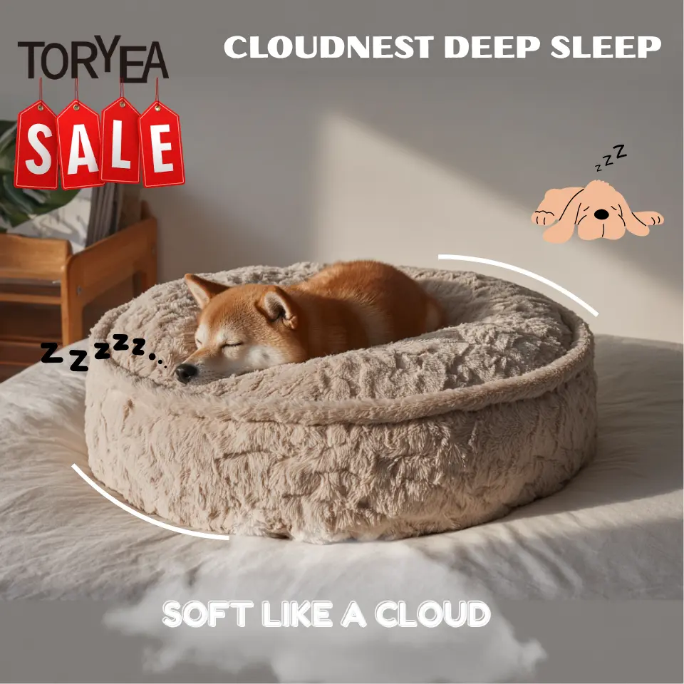 TORYEA PET CloudNest Plush Dog & Cat Bed - Calm Beige, Ultra Soft Faux Fur, Thick Orthopedic Foam Cushion, Detachable Machine Washable Cover, Non-Slip Bottom, Elegant Home Design, All-Season Large Bed for Deep Sleep, S, Large Foam Beds