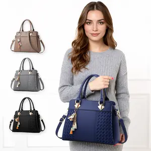 Women's Chic PU Leather Shoulder Bag Top Handle Purse Solid Color Satchel with Tassel Pendant for Office and Daily Use