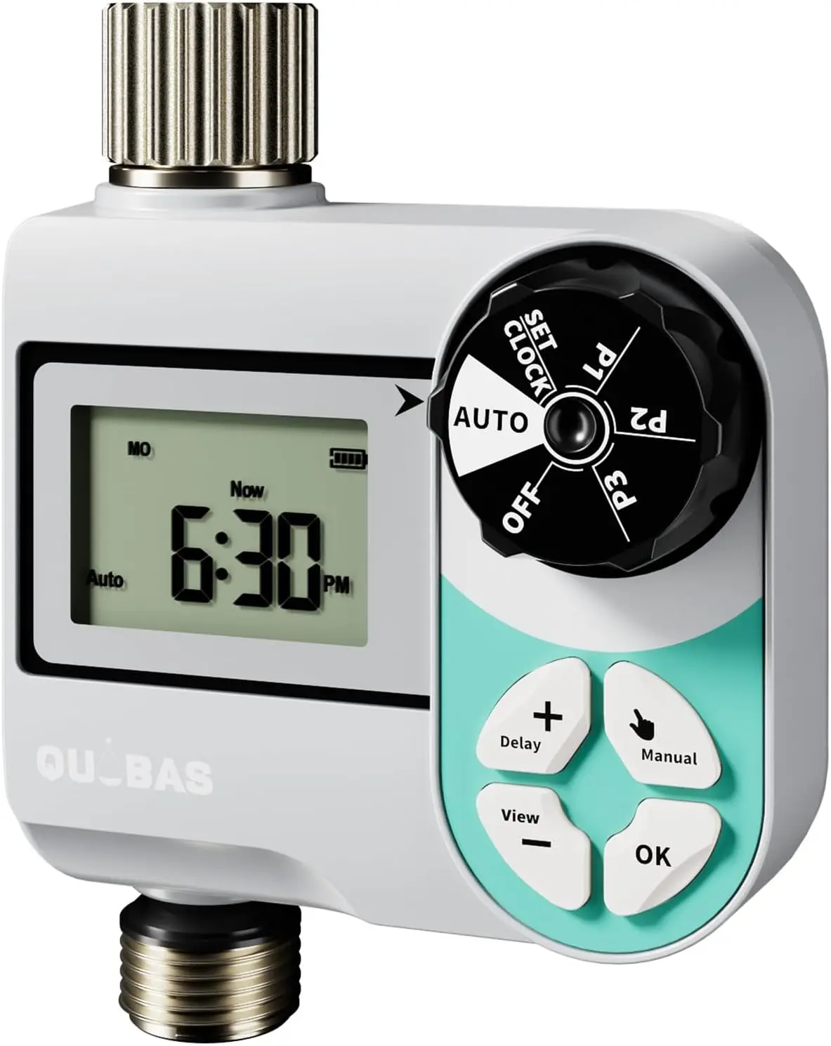QUOBAS Garden Hose Sprinkler Timer, 1-Zone Weekly Programmable Digital Automatic Watering System with Rain Delay, Auto, Manual Modes, Battery-Powered for Drip Irrigation, Lawn