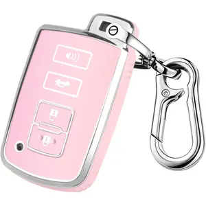 for Toyota Key Fob Cover, Smart Key Shell Case for Toyota Sequoia Highlander XLE Camry , Corolla XSE RAV4 Tundra Tacoma, Soft TPU Protection Case with Keychain (Silver-Pink)