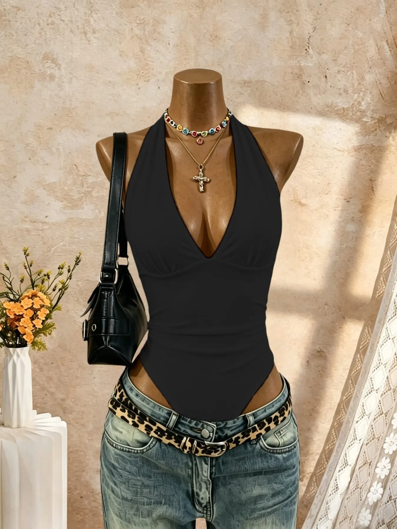 Women's Halter Deep V Neck Bodycon Dress, Bodysuit Vneck, Sexy Ruched Sleeveless Body Hugging Slim Fit Bodysuit, Casual Streetwear Basic Bodysuit, Fashionable Bodysuits, Fashion Womenswear Everyday Tops