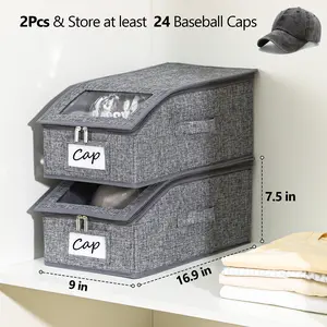2 Pack Linen Stackable Hat Storage Boxes with Drawstring, Transparent Window & Dustproof Design, Holds 24-48 Baseball Caps, Durable Cardboard Wardrobe Organizer for Men, Classic Style for Clothes Organization