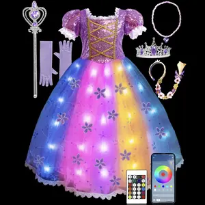UPORPOR Light-Up Purple Pink Princess Dress for Girls – 100+ LED Modes, Music Sync, Halloween Christmas Costume with Accessories (Ages 3-9)