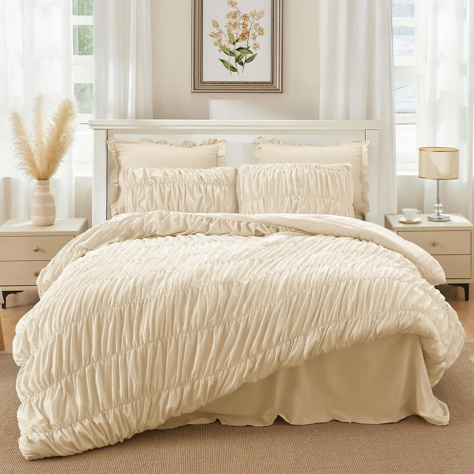 CAPALOCA Beige Full Size Comforter Set — Boho Fluffy Ruched Full Bed Comforter Set 3 Pieces Soft Shabby Chic Ruffle Bedding Comforter Set for All Season with 2 Pillowcases
