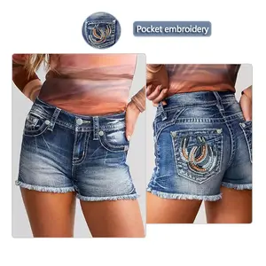 Spring/Summer Vintage Back Embroidery Pocket Shorts, Fringed Jean Shorts For Women - Stretchy Slinming Denim Shorts
