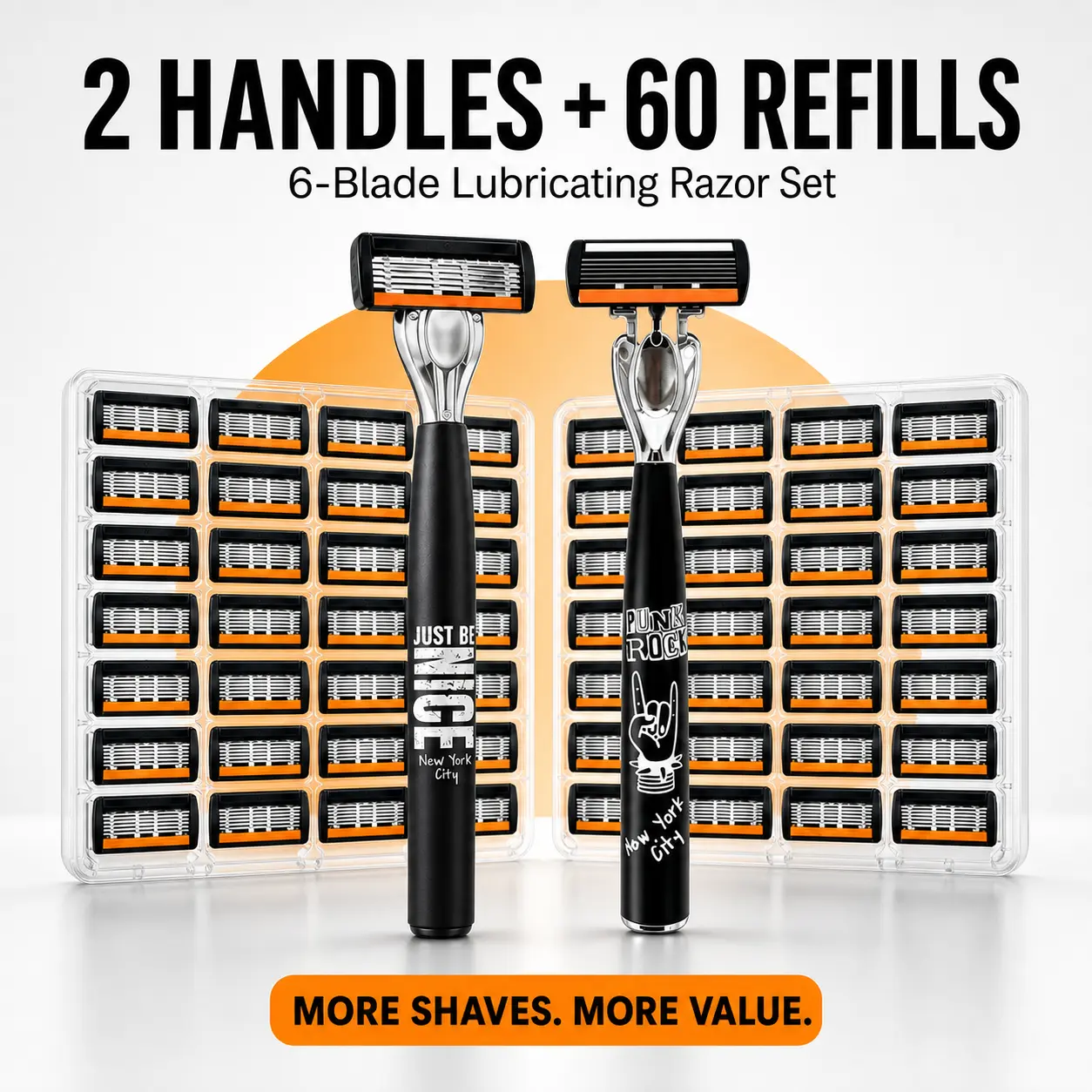 Men’s 6-Blade Phthalate-Free Razor Refill Cartridges, 60-Count Grooming Pack with Lubricating Strips for Daily Grooming Shaving, Smooth Glide Replacements for Compatible Manual Razors