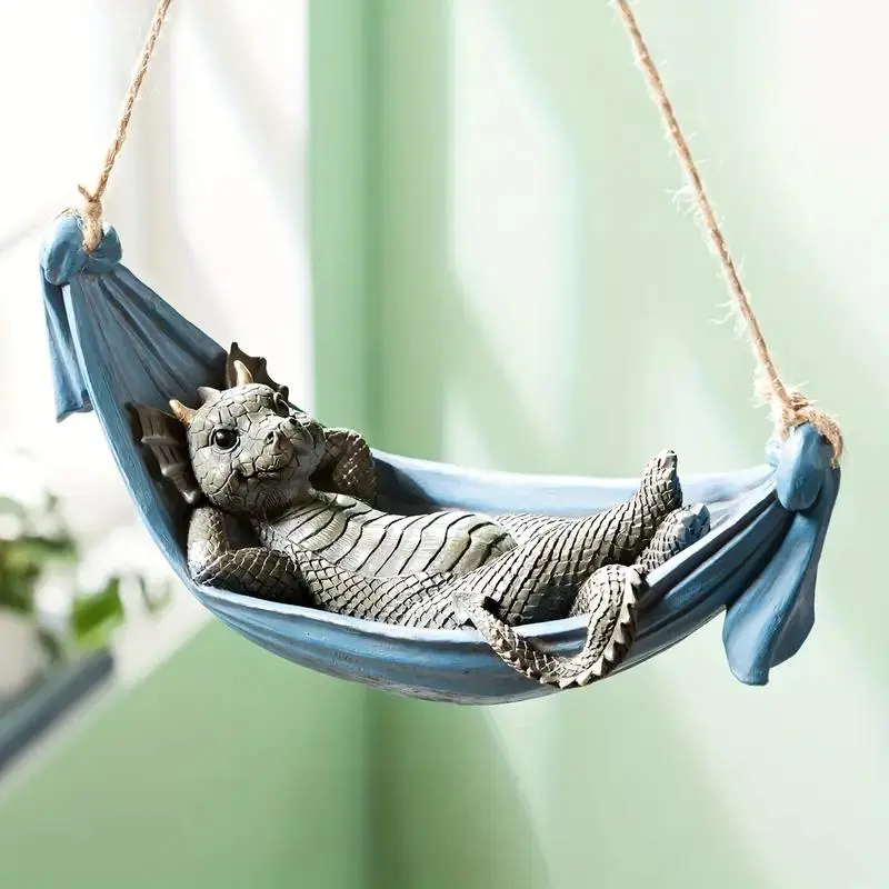 Art Deco Dragon Hammock Hanging Statue, Resin Animal Sculpture for Home & Garden Decoration, Wall-Mountable Outdoor Decor for Dragon Lovers