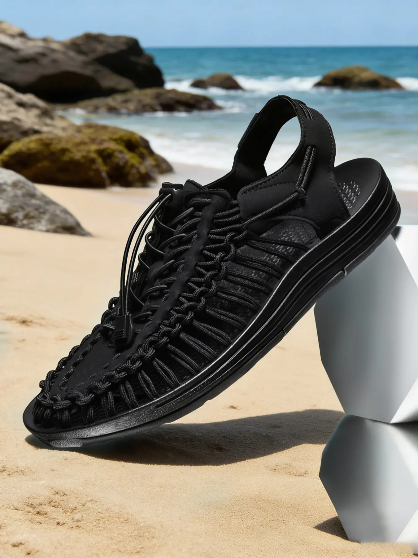 Men's Woven Sandals Strapy Sandal Casual Outdoor Sandals Wide Width Breathable Woven Bungee Cord Closed Toe Athletic Sandals Lightweight Non-Slip Cushioned Beach Water Shoes Footwear Sandal for Summer Hiking, Vacation & Big Size 11-14