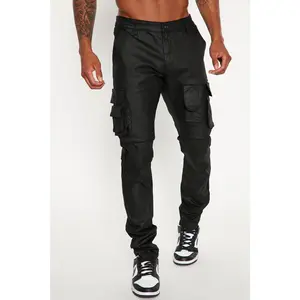 Flap Pockets Waxed Stacked Skinny Cargo Jeans - Black