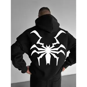 Men's Regular Fit Spider Print Drawstring Graphic Hoodie, Casual Pocket Long Sleeve Hooded Sweatshirt, Men Clothes for Fall & Winter Daily Wear(Sheet)