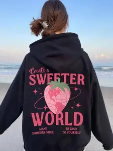 Women's Strawberry & Letter Print Drop Shoulder Hoodie, Fashion Casual Drawstring Pocket Hooded Sweatshirt for Daily Holiday Outdoor Wear, Women Clothing for Fall & Winter