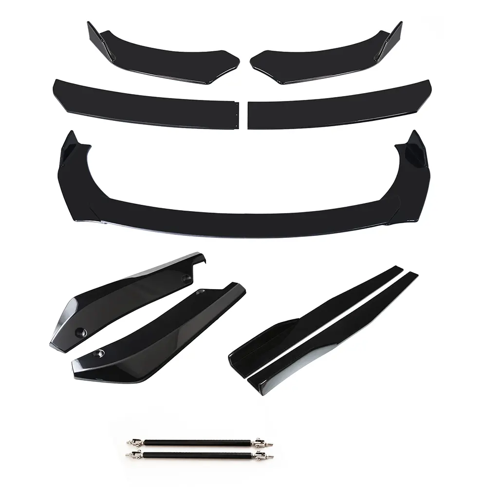 Automotive Full Front-Rear Plastic Car Exterior Body Kit - Front Bumper Lip Spoiler, Side Skirt Splitter Panel, Rear Bumper Lip, 2PCS Adjustable Rods, Sporty Look, No Cutting or Splicing, Universal Fit for Sedans with Installation Compatibility