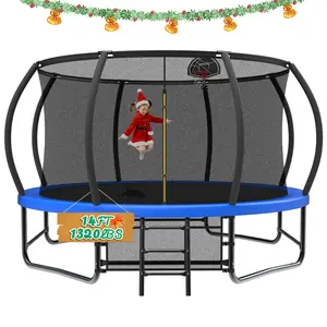 14FT Blue Trampoline with Basketball Hoop 1500LBS Round Trampoline for Kids & Adults ASTM Approved Home Gym Kit Exercise Equipment