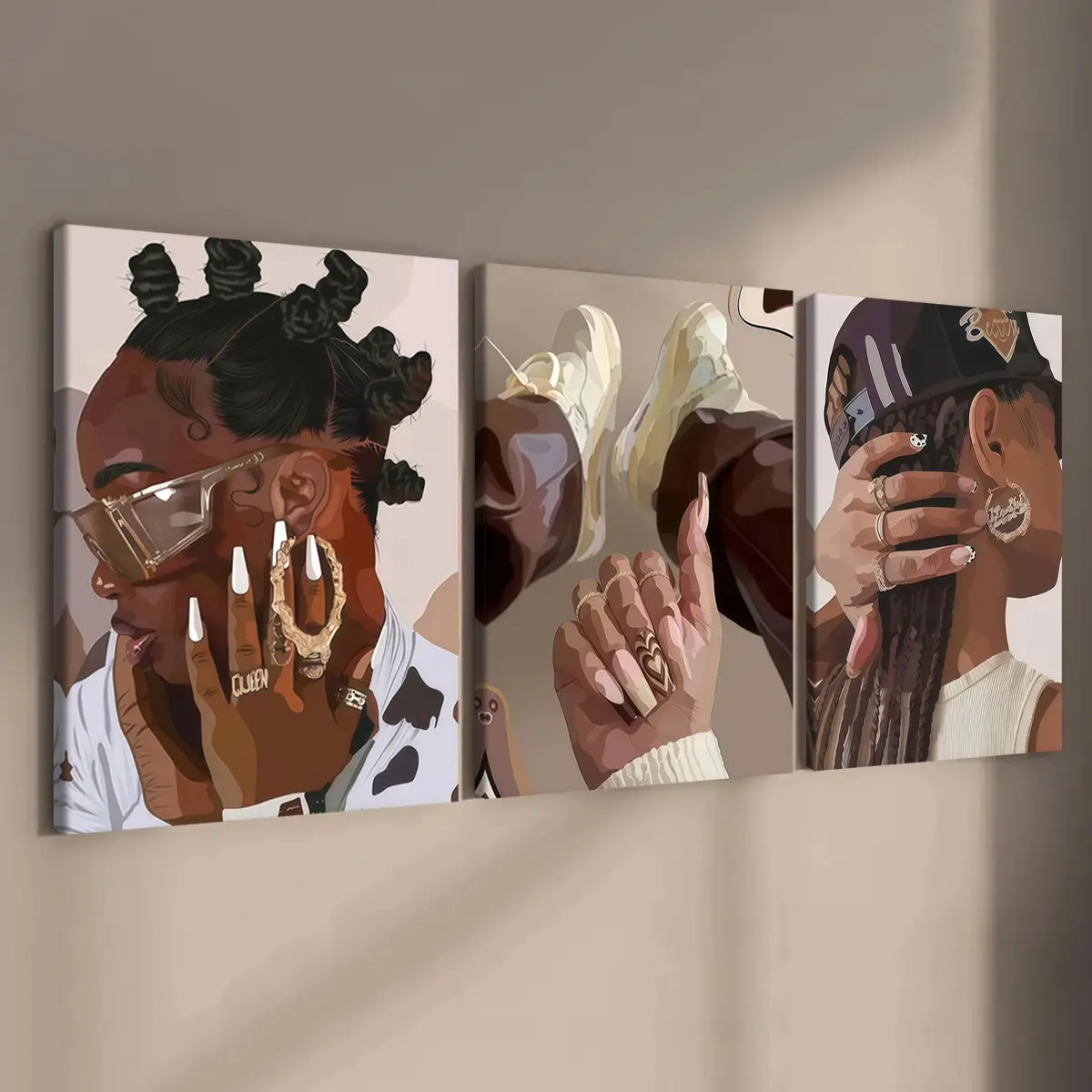 3-count wooden frame canvas, hip-hop style trendy black female poster, exquisite and fashionable female poster, perfect living room and bedroom decoration, Versatile Decor, modern family poster, corridor wall art, artistic, waterproof, art