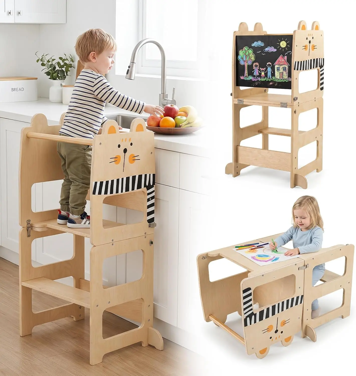 Costzon 3-in-1 Toddler Step Stool for Kitchen with Blackboard | Anti-tip Feet, Foldable Learning Standing Tower, Wooden Kitchen Stool Helper for Kids, 1-3 Year Old Boy Girl Gifts