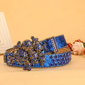 Dark punk style skull rhinestone inlaid belt, full diamond shiny hip hop trend decorative belt