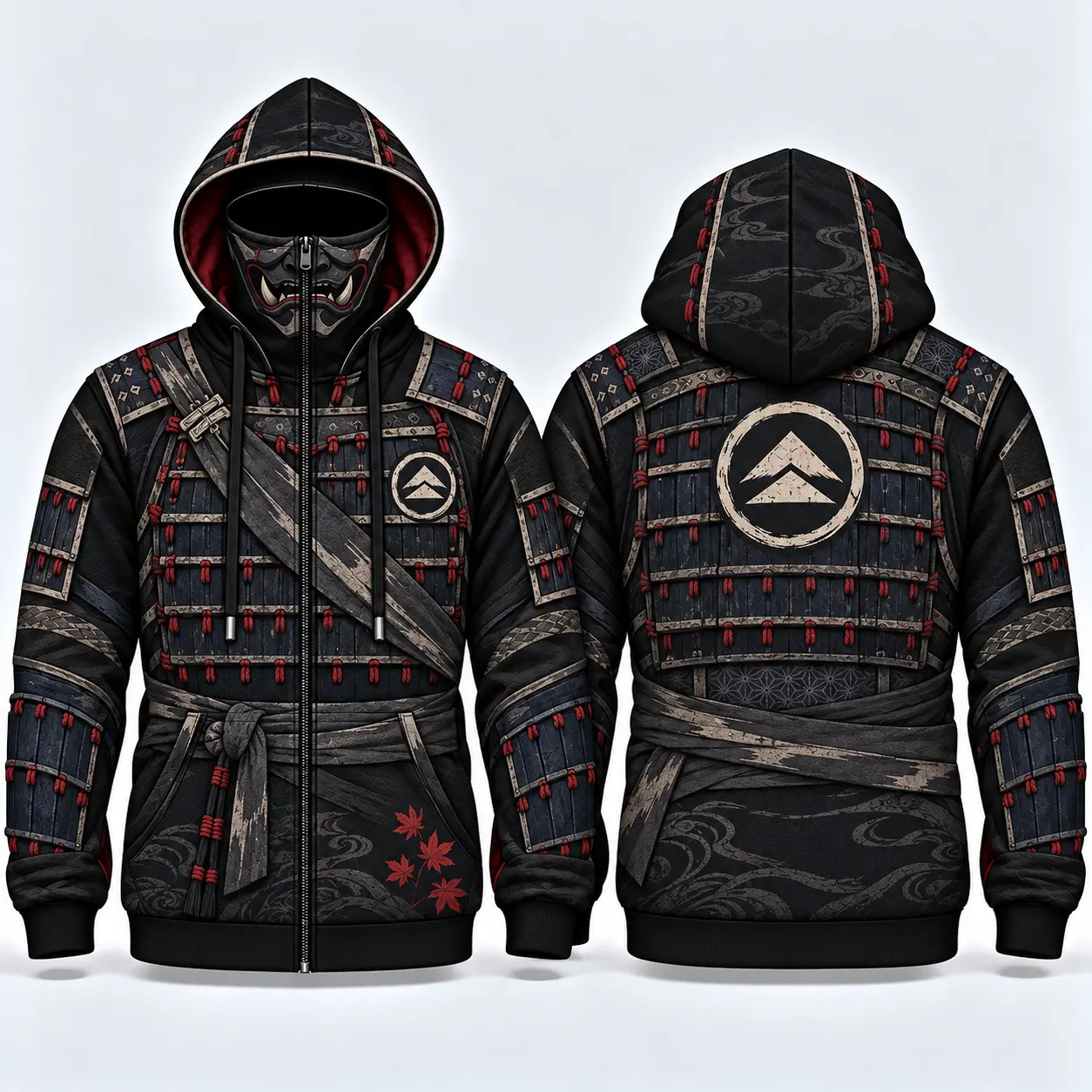 Jin Sakai Samurai Armor Print Zip-Up Hoodie with Mask Hood, Tsushima's ghost Japanese Warrior All-Over Print Jacket for Men