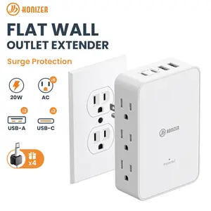 HONIZER Outlet Splitter with 6 AC Side Outlets, Flat Wall Outlet Extender with PD 20W USB C, 3-Sided Electrical Outlet Extender with 4 Cable Clips for Behind Couches, Nightstands, Desks, TV