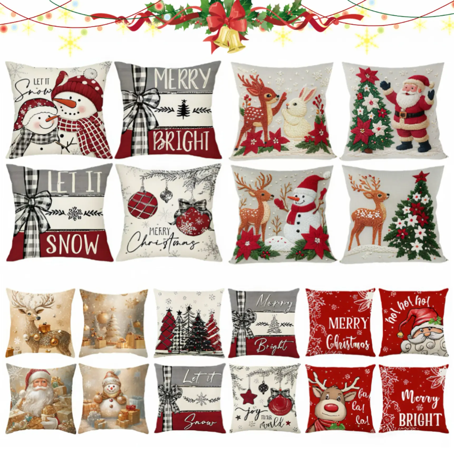 4pcs Set of 18x18 Inch Christmas Throw Pillow Covers,  Winter Holiday Cushion Case Decoration, Snowman Christmas tree Designs, ZipperClosure,Linen,Peach Skin, Merry Christmas Decor 2026 for Home, Couch, Sofa, Living Room – No Inserts Included