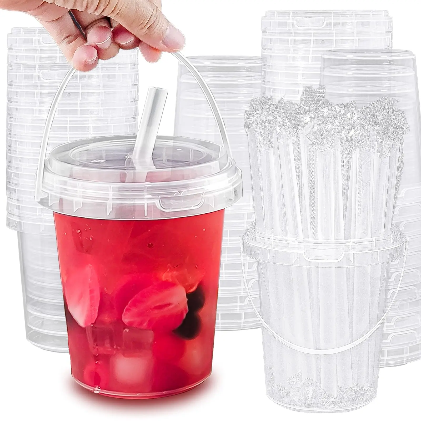 Disposable Tableware 34oz Transparent Leak-Proof Plastic Cups with Lid & Straw, 15/30 Sets Drinkware Accessories for Outdoor Travel, Pool Party Supplies