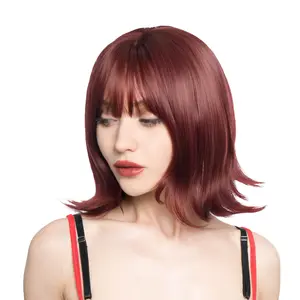 10-Inch Solid Wine Red Soft Curled Front Subtle Layers w/ Flicked Ends Synthetic Wig | 【Heat Resistant】【Cap Included】 | #22 FSG53C