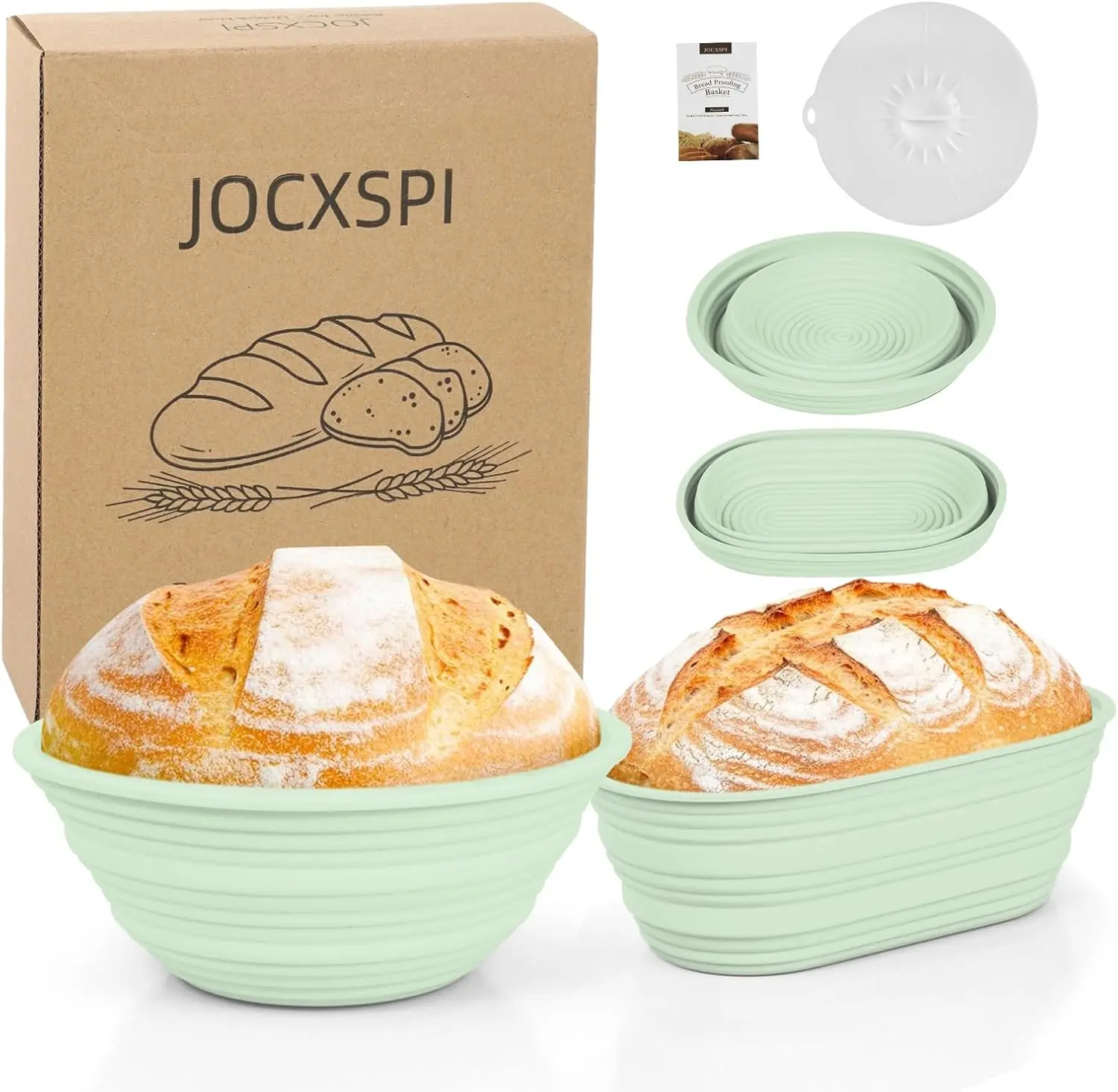 JOCXSPI Upgraded Thick Silicone Banneton Proofing Baskets with Lids - 2 Sizes Bakeware Utensils (10" Oval & 9" Round), Foldable, Nonstick, BPA-Free, Easy to Clean, Oval/Round