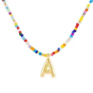 Colorful Bubble Initial Letter Necklace for Women & Girls, Handmade Beaded Choker with Personalized A–Z Letter, Dainty Cute Beach Boho Style Jewelry, Vibrant Everyday Accessory & Meaningful Gift for Lovers