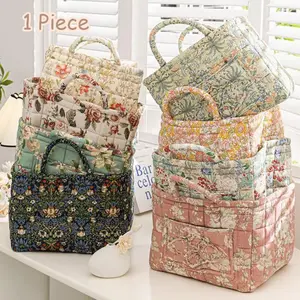 🌸 1 Pc Vintage Floral Fabric Storage Basket | Quilted Cloth Organizer Bin With Handles | Cottagecore Room Decor
