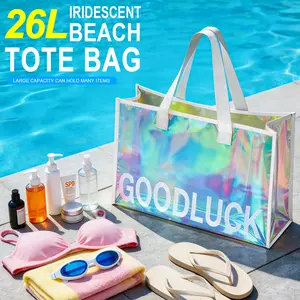 MAENER 26L Holographic Iridescent Clear Beach Tote Bag High Capacity Waterproof Foldable Portable Versatile Shoulder Bag for Summer Essentials Portable, Large-Capacity Swimming & Gym Bag