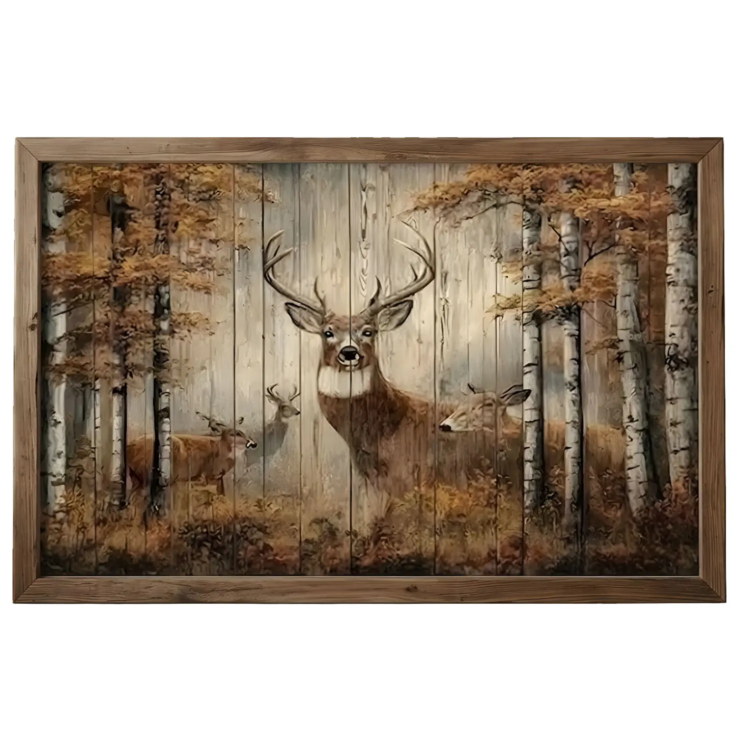 Rustic Deer Forest Poster with Wooden Frame, Majestic Stag and Birch Trees Autumn Wildlife Wall Art, Vintage Hunting Lodge Landscape Print, Perfect Gift for Dad on Father’s Day