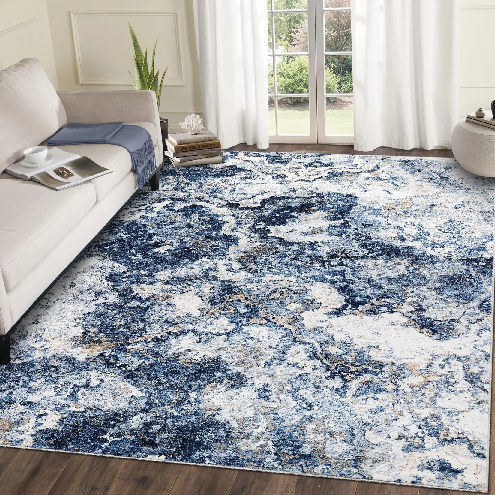 GARVEE Washable 10x13 Living Room Rugs, Modern Abstract Non Slip Area Rugs for Bedroom, Soft Low Pile Large Carpet for Office, Ultra Thin Accent Floor Cover for Dining Room, Blue