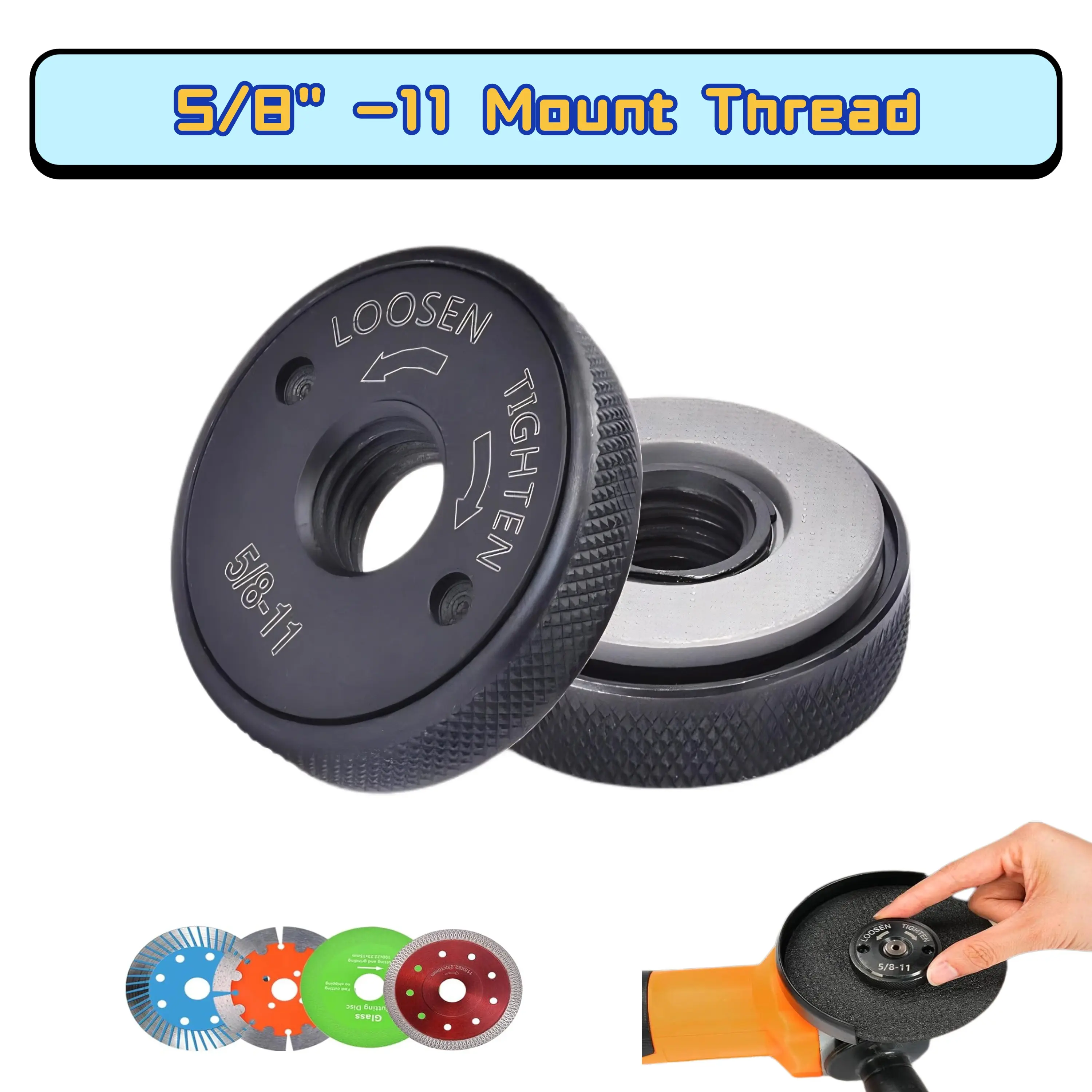 5/8-11 Self-Locking Flange Nuts for 4.5" and 5" Angle Grinders, No Wrench Required, Knurled Bushing Nuts with Default Fit, Metal Lock for Durability and Efficiency Improvement