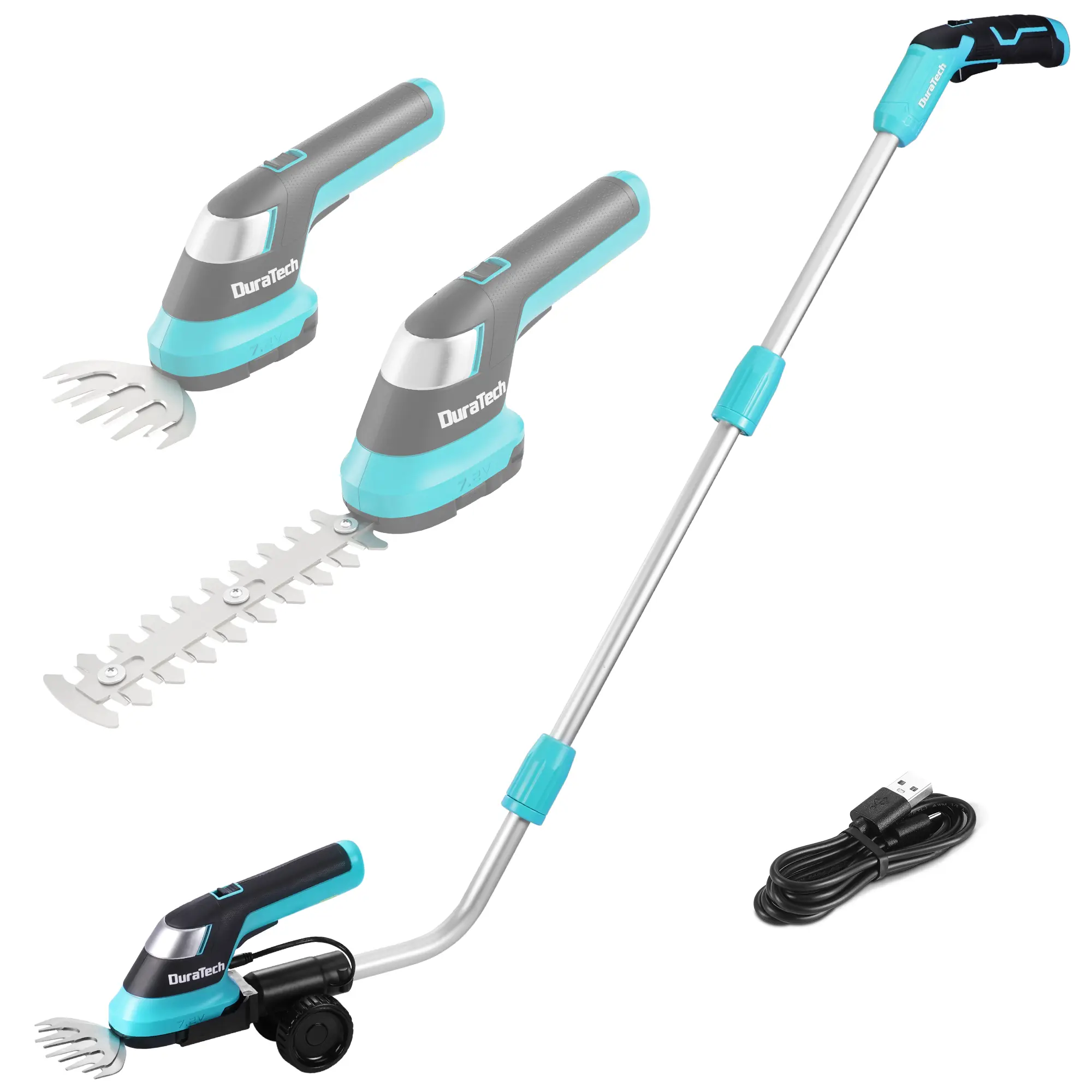 #summersale DURATECH Cordless Hedge Trimmer, 7.2V 3-in-1 Handheld Electric Grass Trimmer & Hedge Shears with 50" Wheeled Extension Pole, USB Type-C Cable and Built-in Li-ion Battery, for Garden, Yard and Lawn