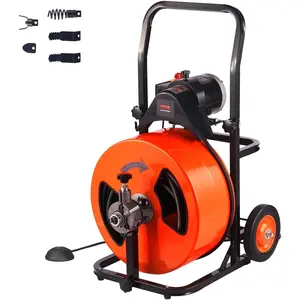 VEVOR 100FT x 3/4 Inch Drain Cleaning Machine Sewer Auger Auto Feed with 4 Cutter & Air-activated Foot Switch for 4" to 8" Pipes, Orange, Black