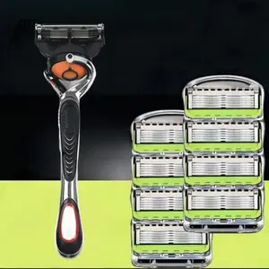 Classic Men's Stainless Steel Manual Shaver, Shaving Razors, 1 Razor + 8-24 Blades, Five-Layer Blade Protection, Replaceable Blades, Face & Body Grooming