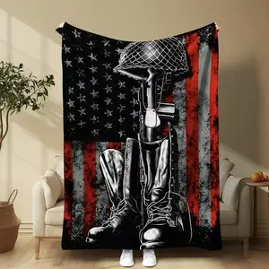 American Vintage Flag Military Memorial Veterans Blanket, Helmet Rifle Boots Design, Lightweight Polyester Throw for Home Decor, Party, Sofa, Bedroom