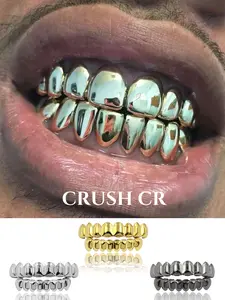 CRUSH CR 18K Gold Plated Full Coverage Solid Grillz Set for Men, Women, Unisex, Mirror-Like Polished Finish, Hypoallergenic Removable Top Bottom 8-Teeth Caps, for Hip Hop Concerts, Music Festivals Club Nights Urban Street Style Y2K Dental Jewelry