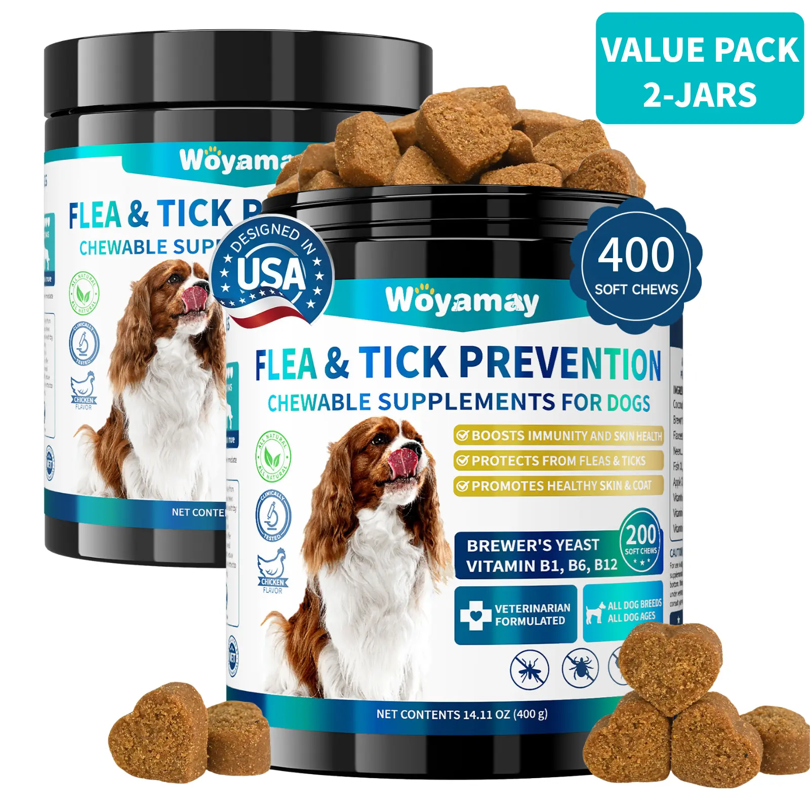 Woyamay Flea and Tick Prevention for Dogs 400 Chewables, Natural Dog Flea and Tick Control, Skin & Coat Support for Dogs Puppies, Omega-3 & Vitamin Suppliments for All Breeds & Ages #DealsForYouDays #SummerWins