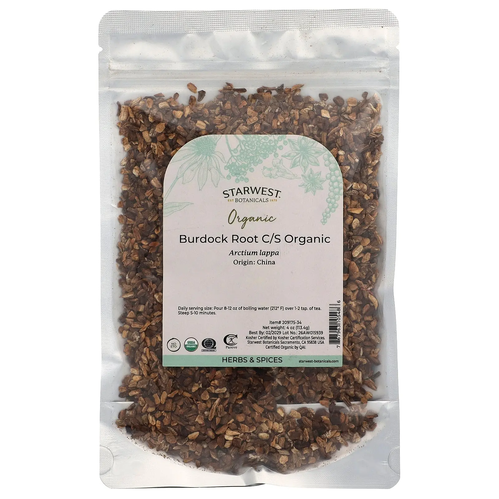 Starwest Botanicals Organic Burdock Root C/S, 4 oz (113.4 g)