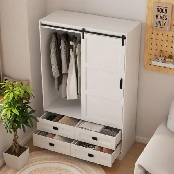 Bellemave Glam Look White Wardrobe Cabinet - Thick MDF Board Armoire Closet with Hanging Rods, Barn Door, Drawers, Open Shelves, Enclosure, Compartment Design Wardrobes, Closet Storage & Assembly Required Organizer