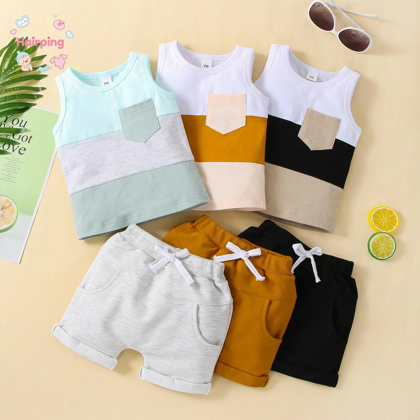 Baby Boys' Cotton 2-Piece Pants Gift Set - Sleeveless Patchwork Crew Tank Tees, White Strap Short Pants, Toddler Style Casual Clothes Outfit